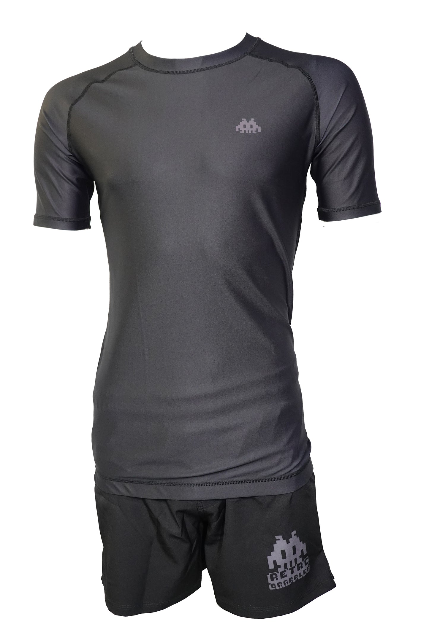 Just a black rash guard and shorts