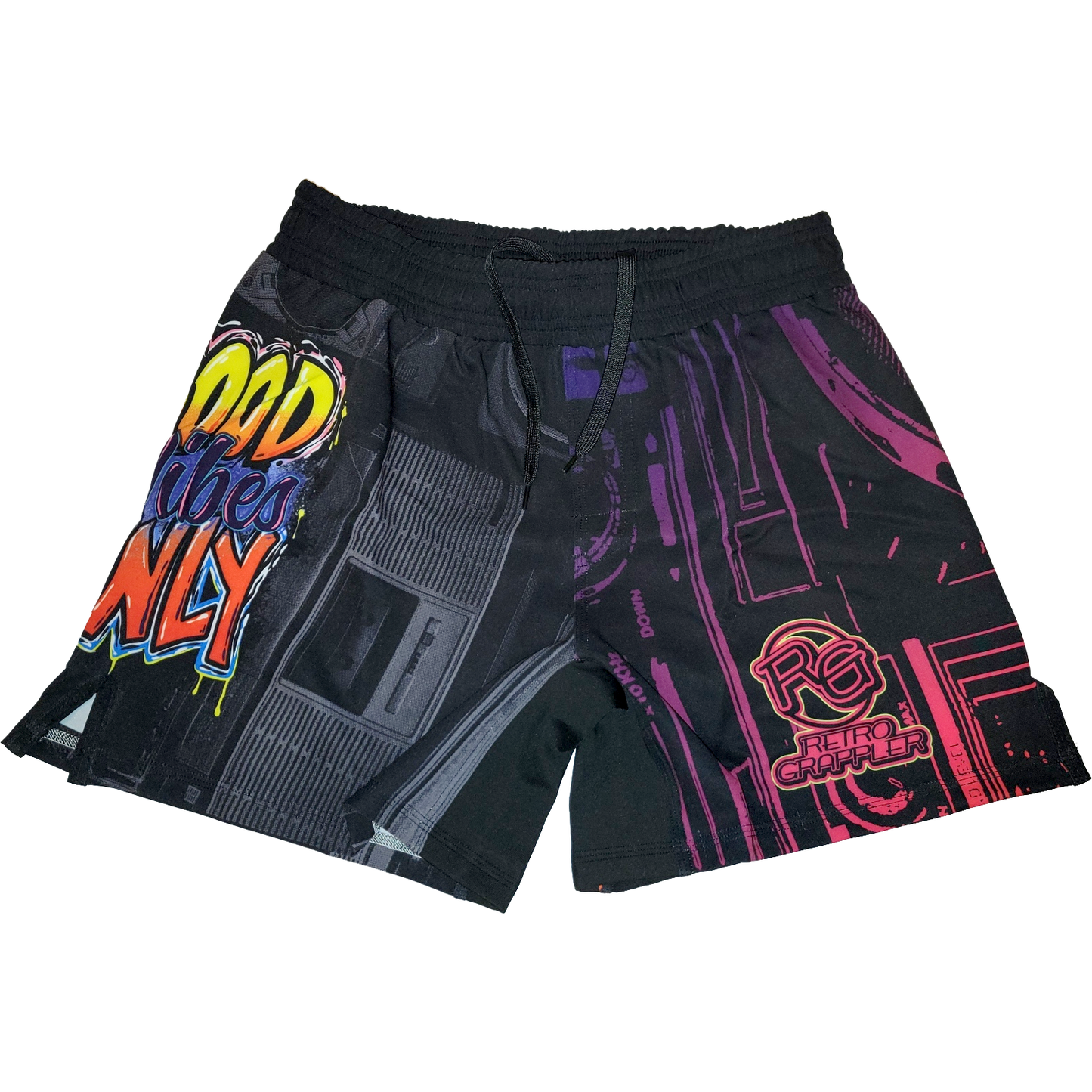The Retro Grappler Good Vibes Only BJJ Shorts are lightweight, multicolored, and feature bold graffiti Good Vibes Only on one side with Relentless Grappler and abstract black, purple, and orange patterns on the other.